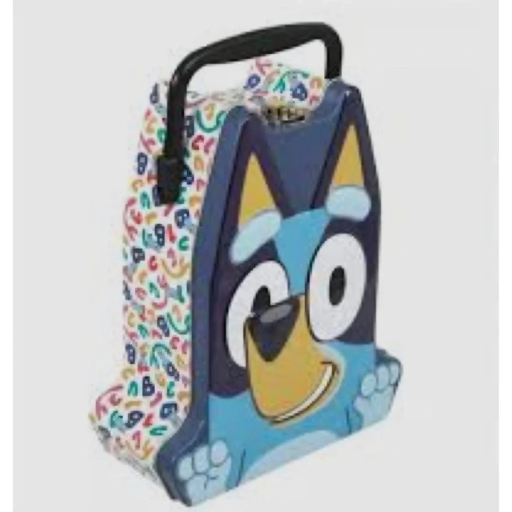 Bluey Heeler Shaped Tin Lunch Box Metal Carry Case with Handle Blue Embossed
